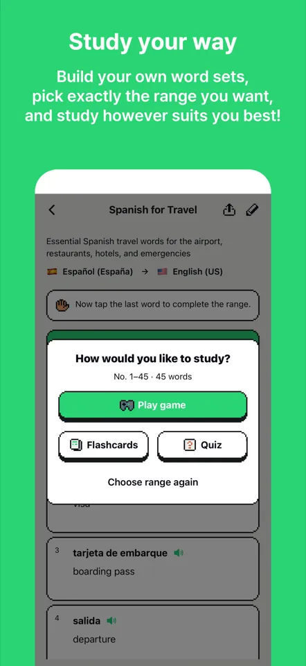 Wordcade word sets screen — flashcards, quizzes, and games with light and dark themes